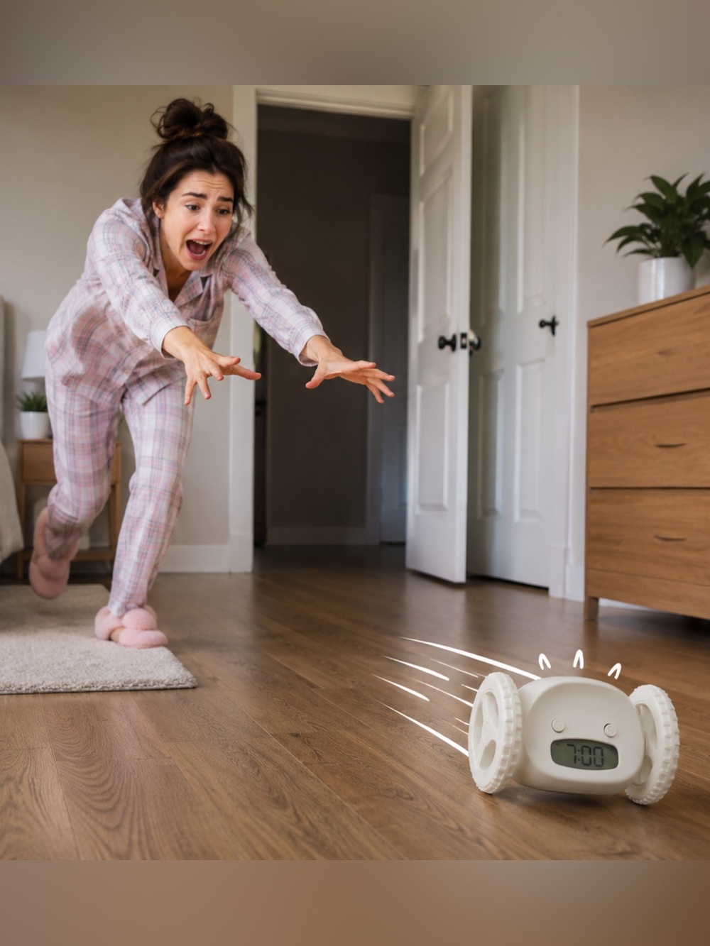 NIB Clocky Runaway Alarm Clock White Rolling Alarm Clock
